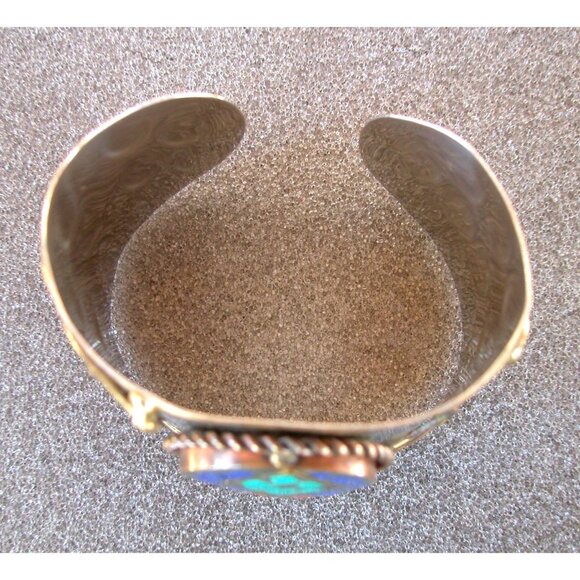 Wide Brass & Silver-Tone Cuff Bracelet With Mosaic Inlay Design SZ 7 - Picture 2 of 3